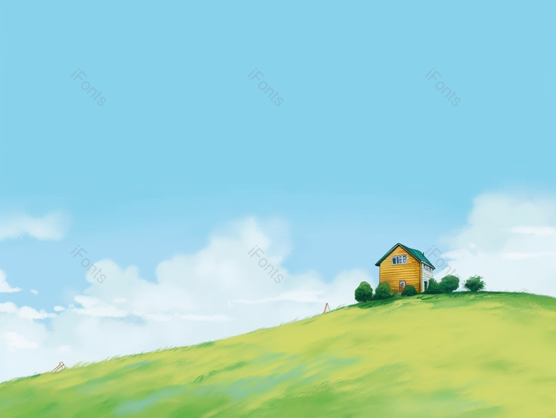 蓝天白云天气晴朗在黄绿色渐变的山头上有一栋小房子和小树丛手绘插画背景,插画/手绘图,插画/手绘图库,插画/手绘图下载,插画/手绘